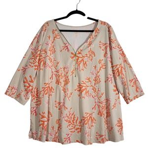Belle Kim Gravel Primabelle Coral Starfish V-neck Zip Pullover Top Tan Orange 3X